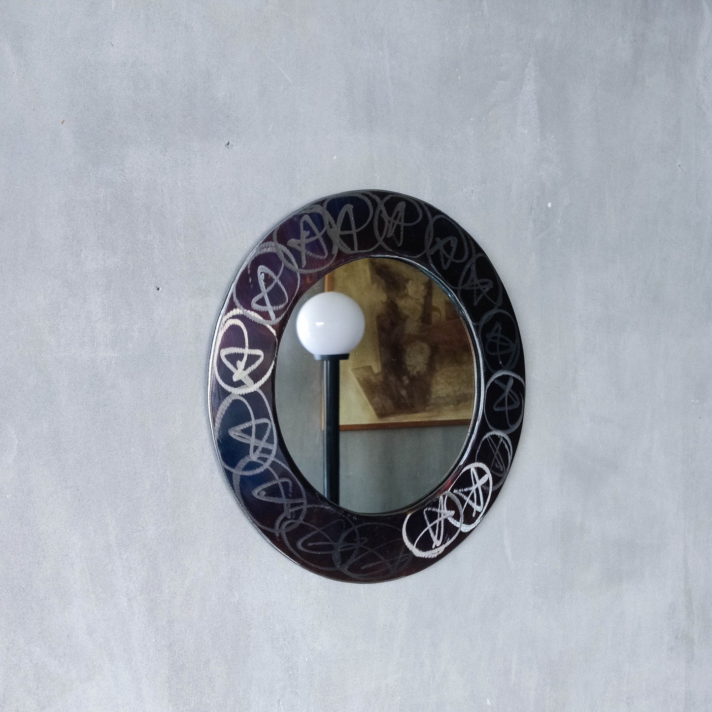 Vintage 1990s artisan made metalwork round steel mirror