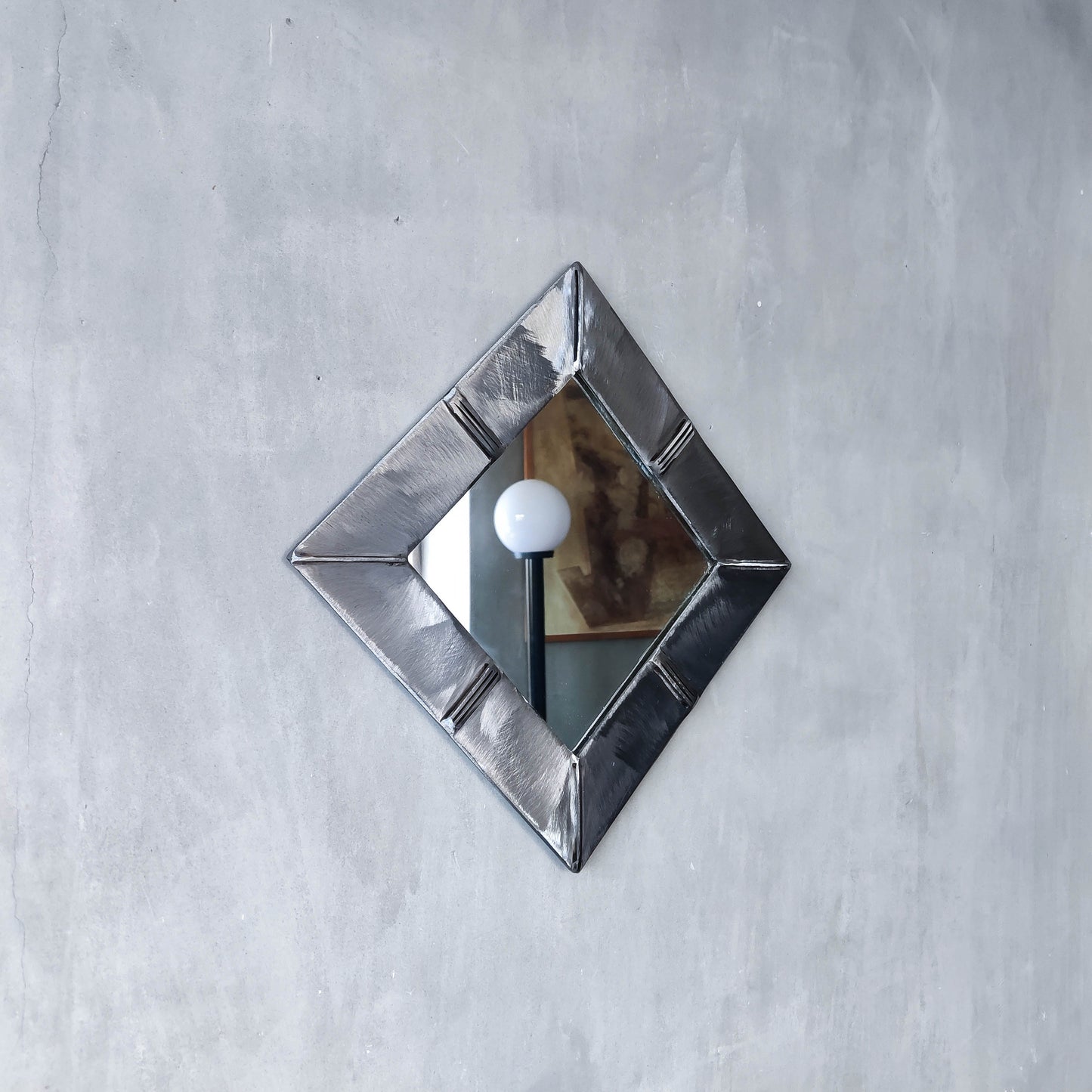 Vintage artisan made 1990s brushed welded mild steel geometric mirror