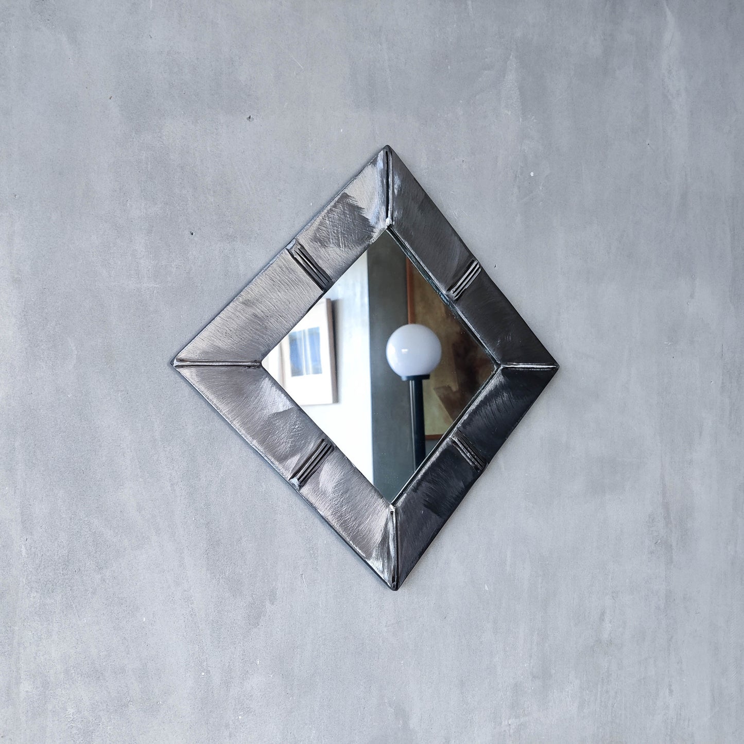 Vintage artisan made 1990s brushed welded mild steel geometric mirror