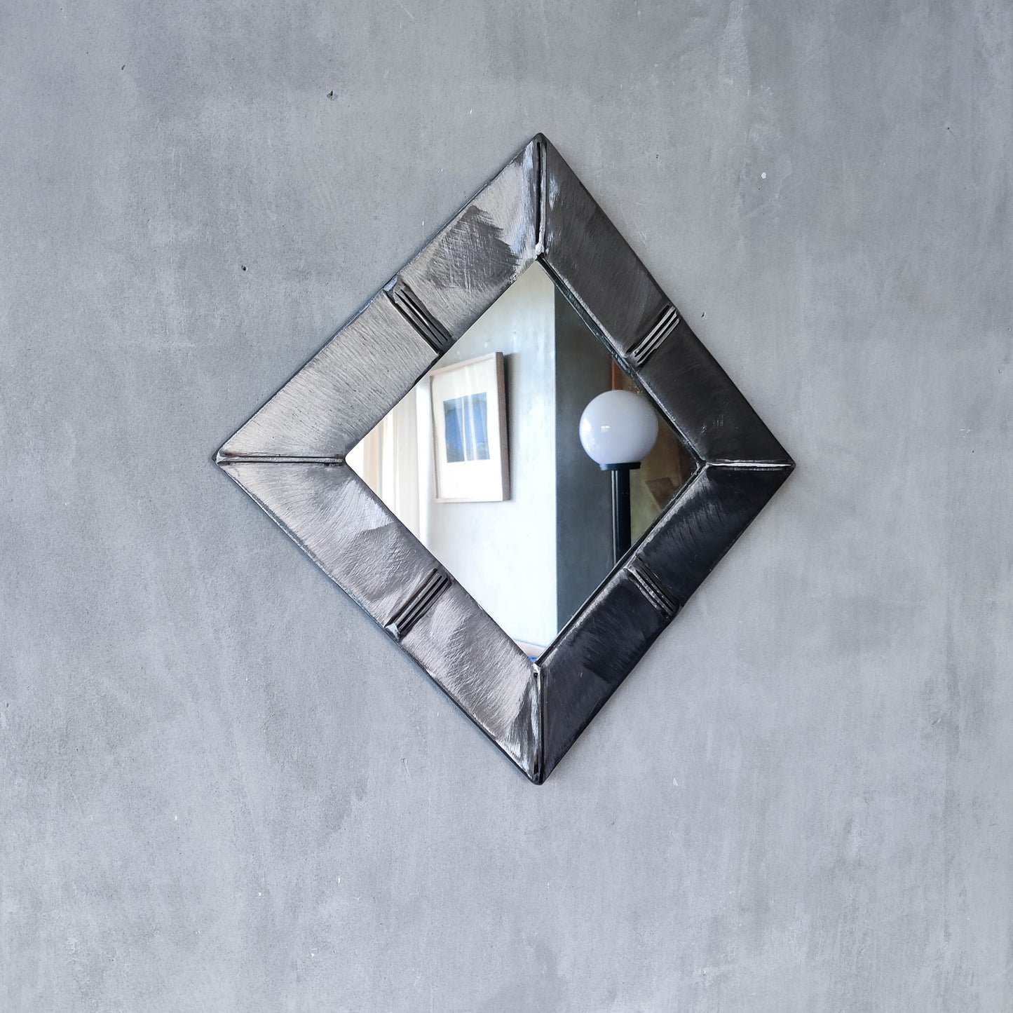 Vintage artisan made 1990s brushed welded mild steel geometric mirror
