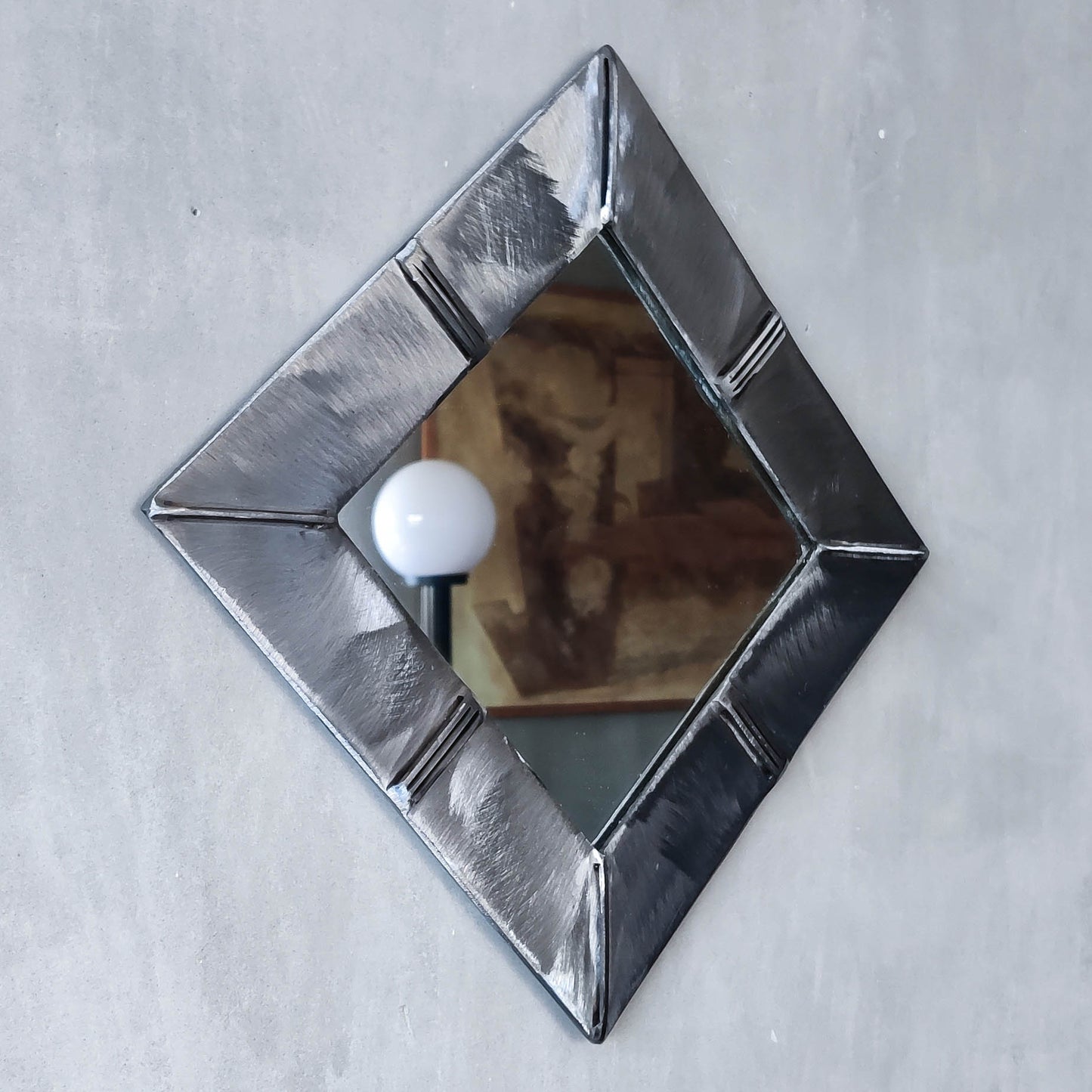 Vintage artisan made 1990s brushed welded mild steel geometric mirror