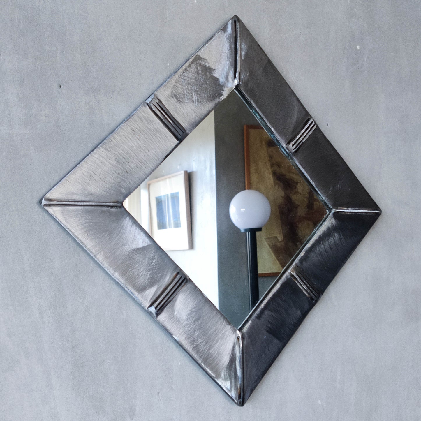 Vintage artisan made 1990s brushed welded mild steel geometric mirror