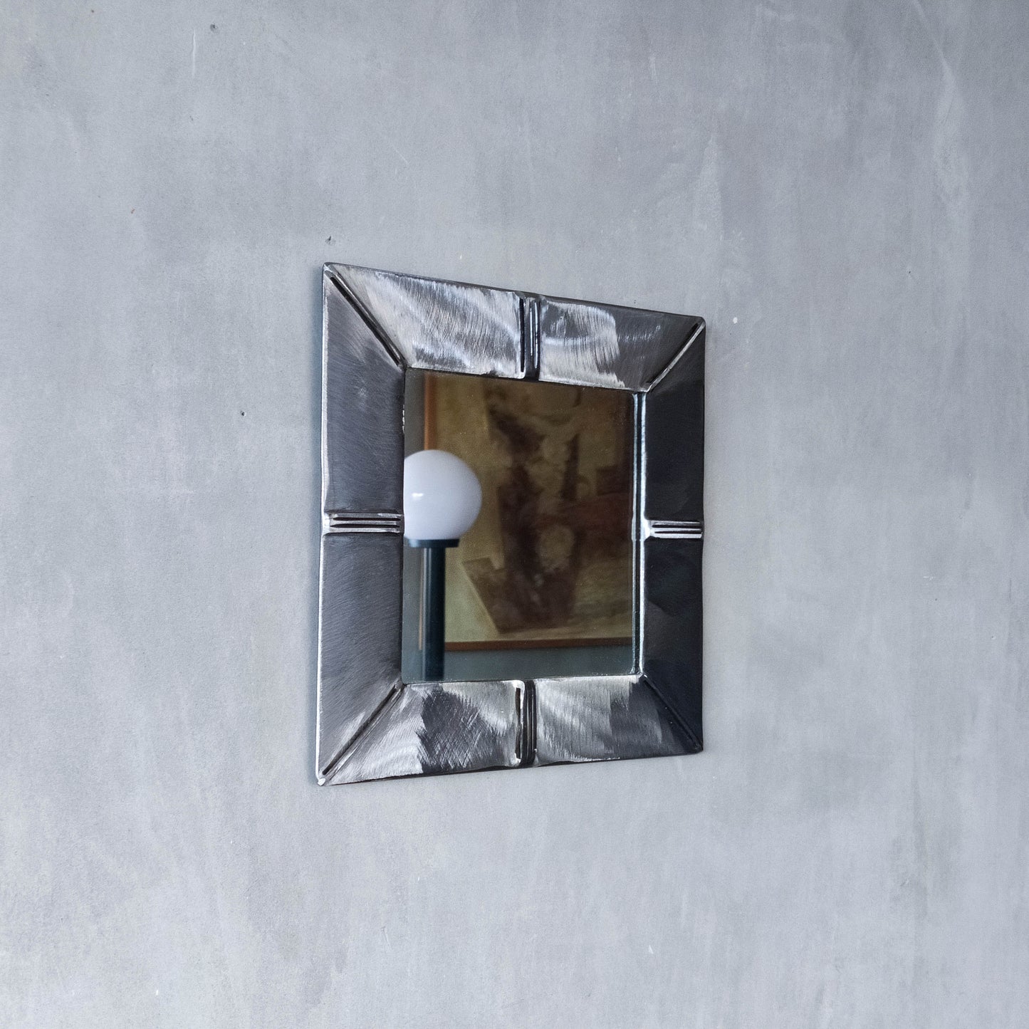 Vintage artisan made 1990s brushed welded mild steel geometric mirror