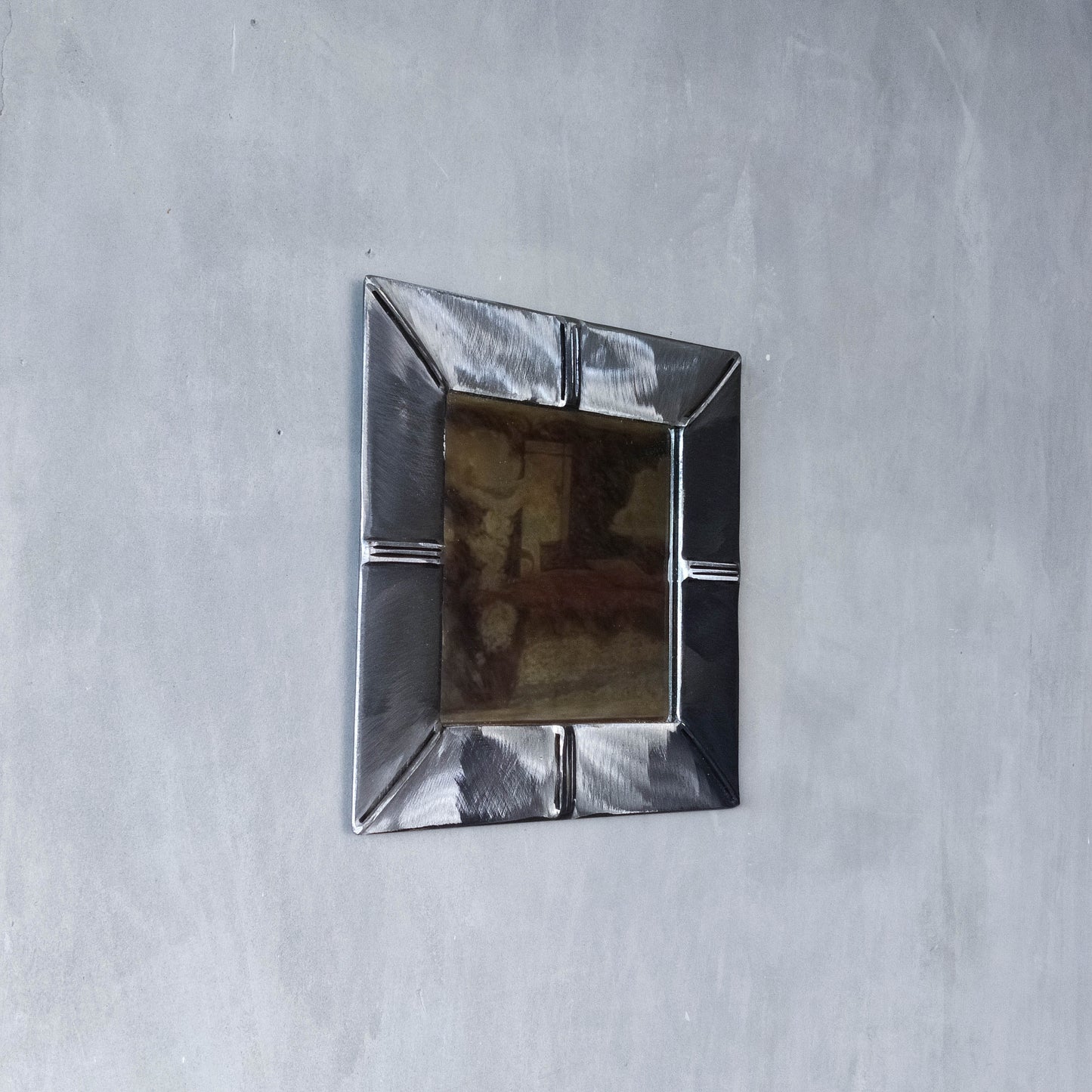 Vintage artisan made 1990s brushed welded mild steel geometric mirror