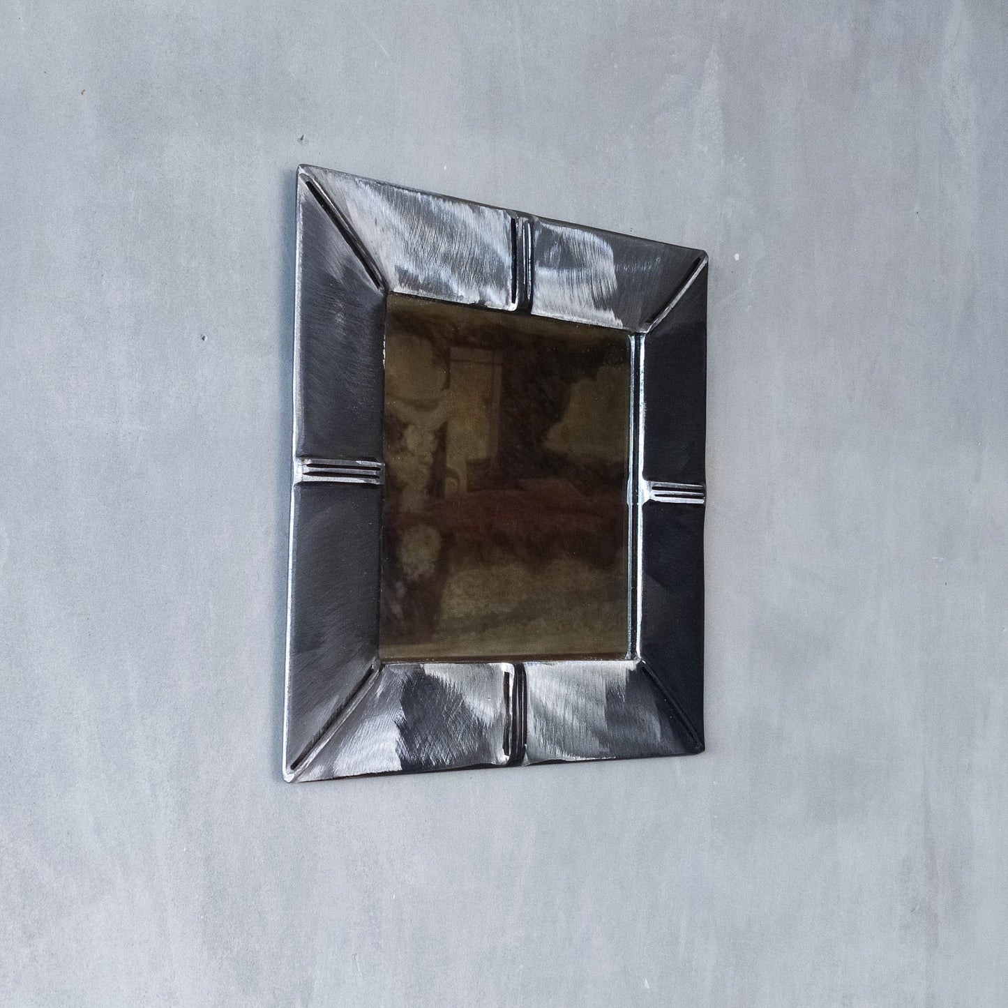 Vintage artisan made 1990s brushed welded mild steel geometric mirror