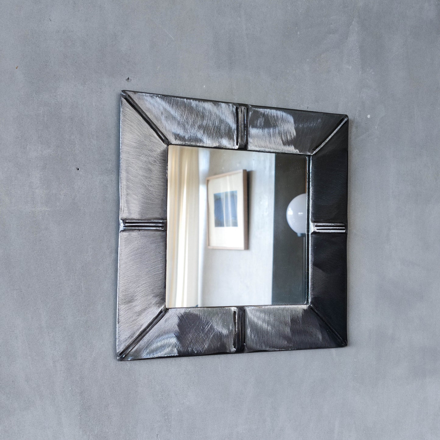 Vintage artisan made 1990s brushed welded mild steel geometric mirror