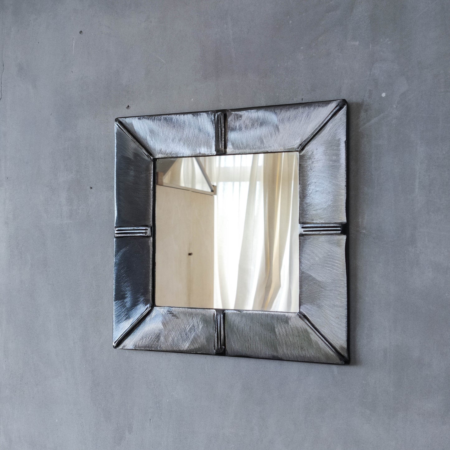 Vintage artisan made 1990s brushed welded mild steel geometric mirror