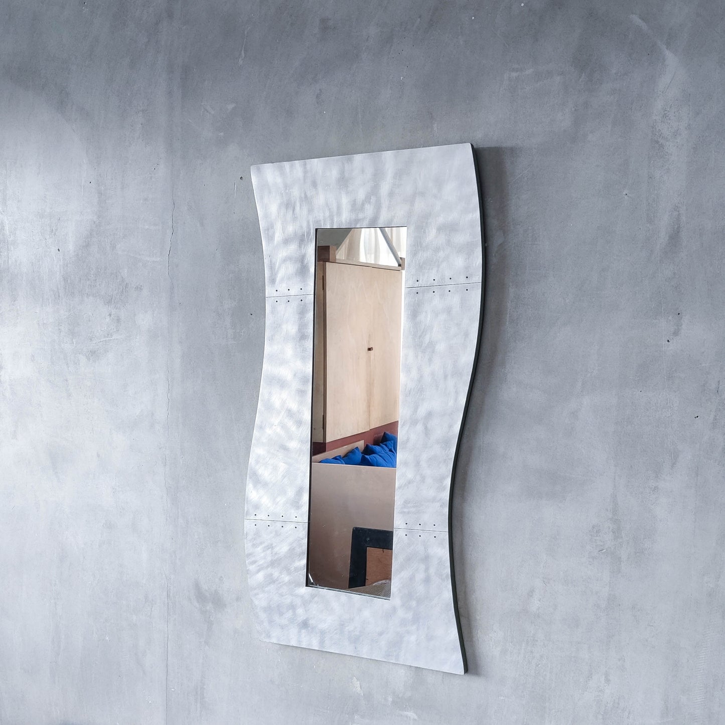 Handmade vintage brushed pieced steel wavy 1990s mirror