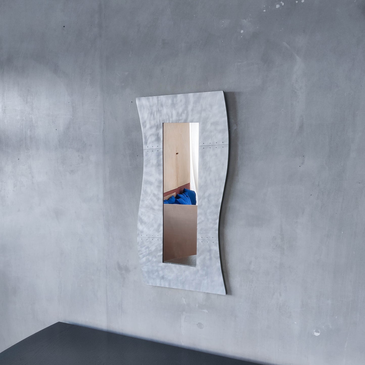 Handmade vintage brushed pieced steel wavy 1990s mirror