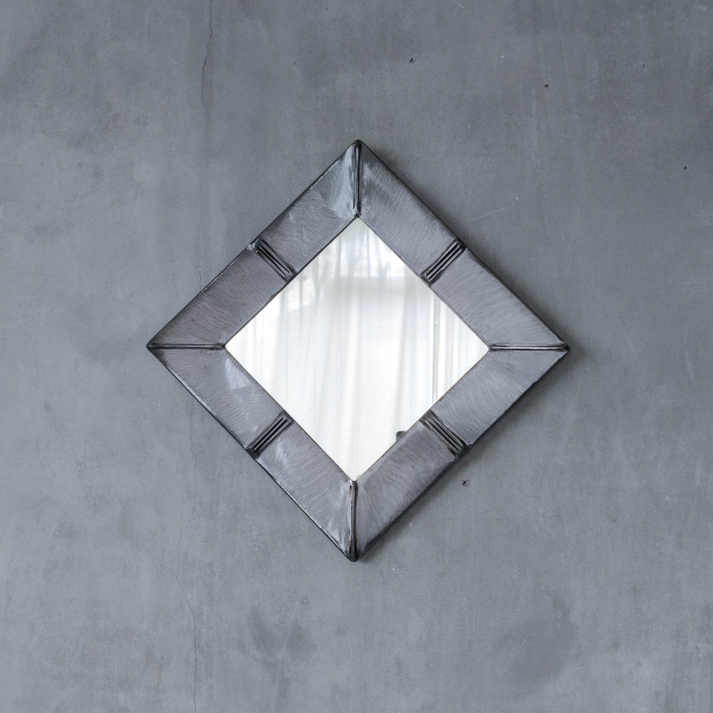 Vintage artisan made 1990s brushed welded mild steel geometric mirror