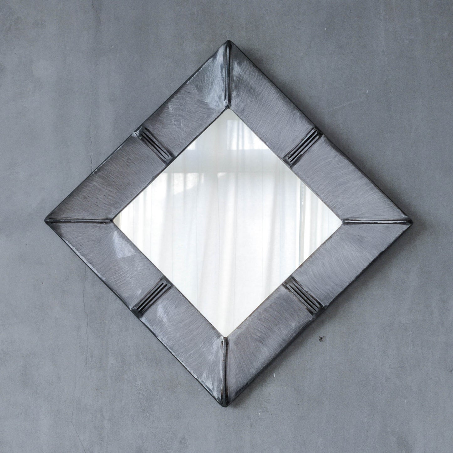 Vintage artisan made 1990s brushed welded mild steel geometric mirror