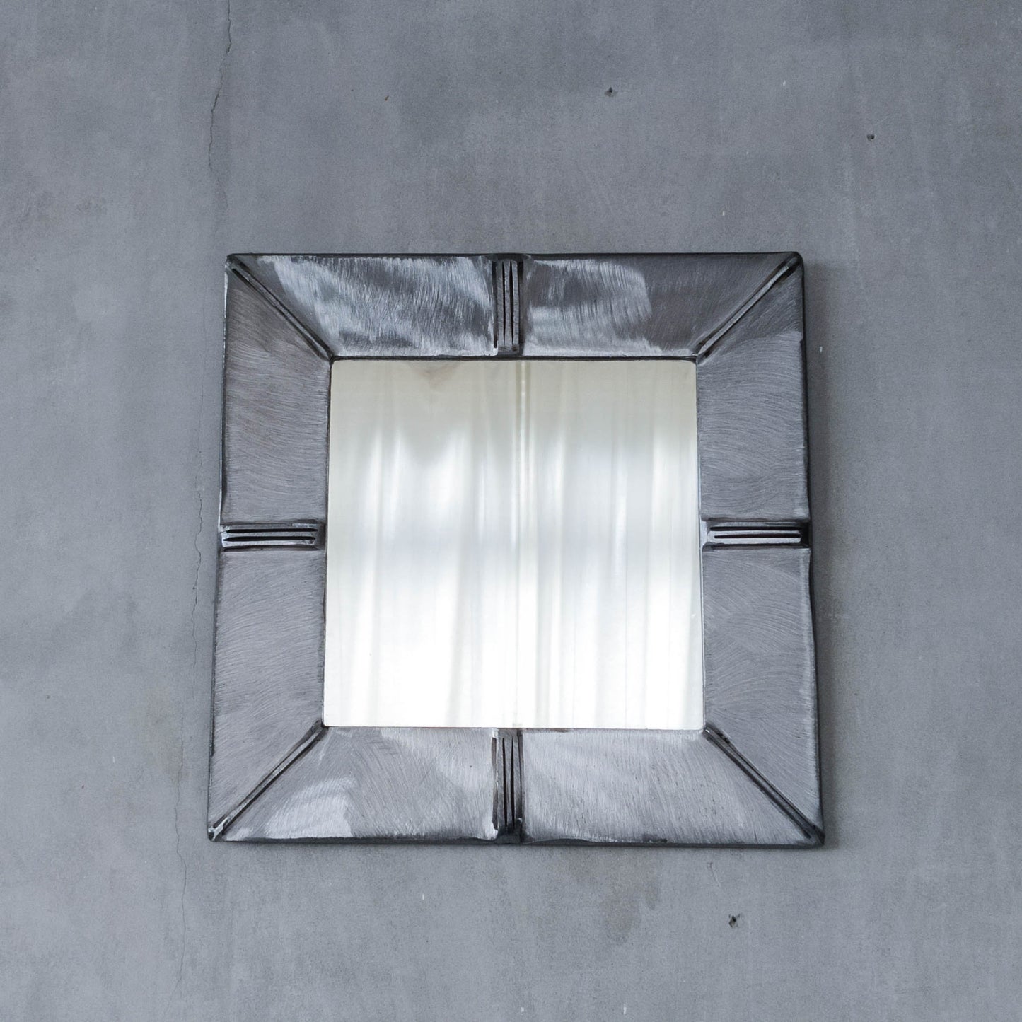 Vintage artisan made 1990s brushed welded mild steel geometric mirror