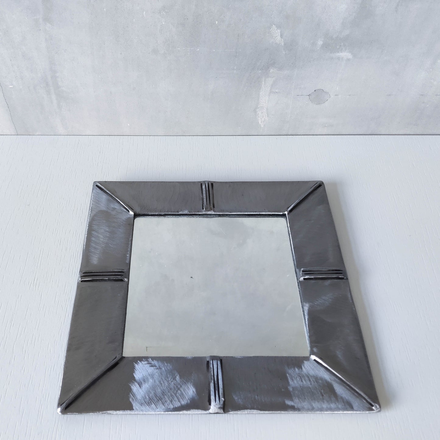 Vintage artisan made 1990s brushed welded mild steel geometric mirror