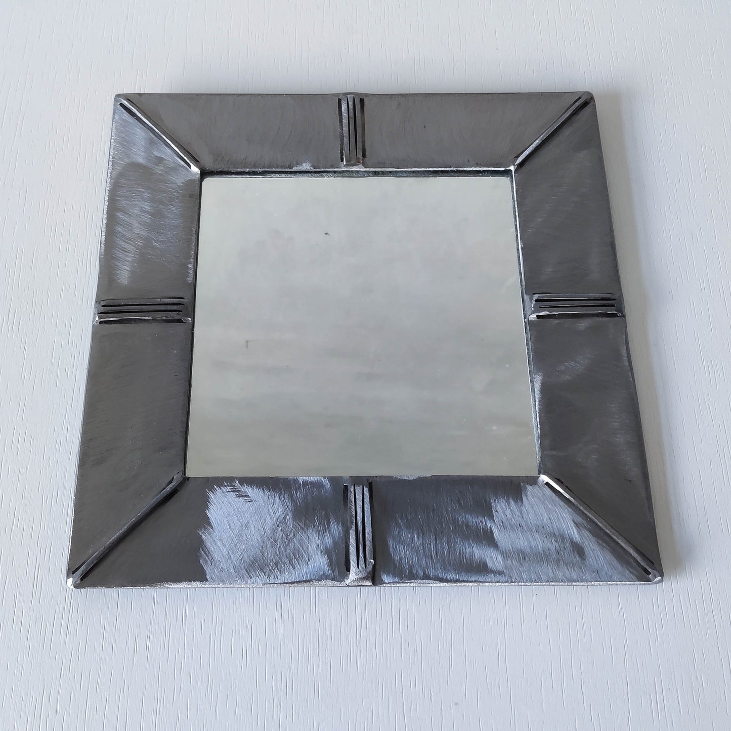 Vintage artisan made 1990s brushed welded mild steel geometric mirror