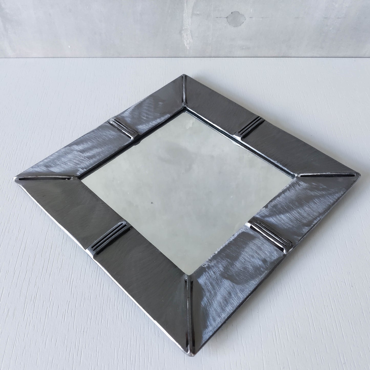 Vintage artisan made 1990s brushed welded mild steel geometric mirror