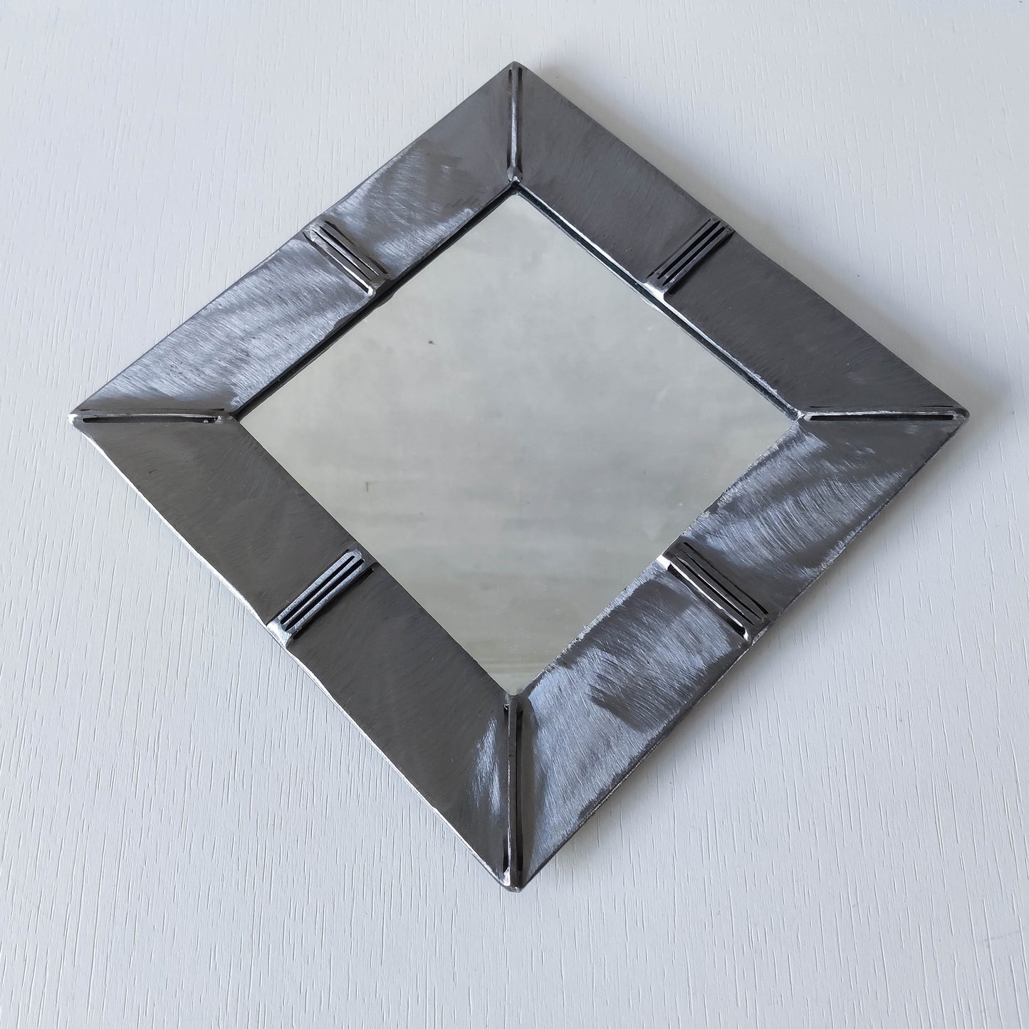Vintage artisan made 1990s brushed welded mild steel geometric mirror