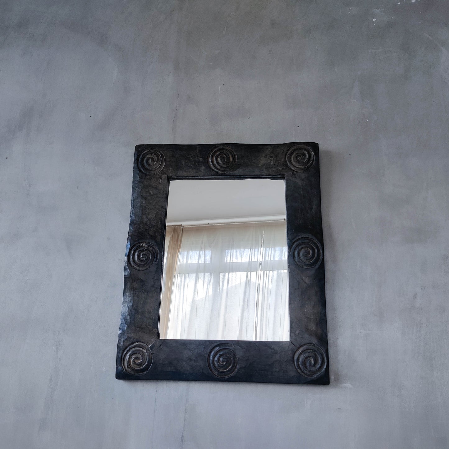 Vintage chunky solid hand carved hardwood wood spiral swirl sculptural mirror