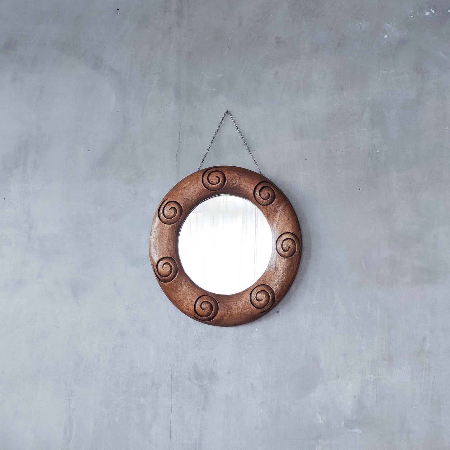 Vintage chunky solid hand carved hardwood wood spiral swirl sculptural round mirror