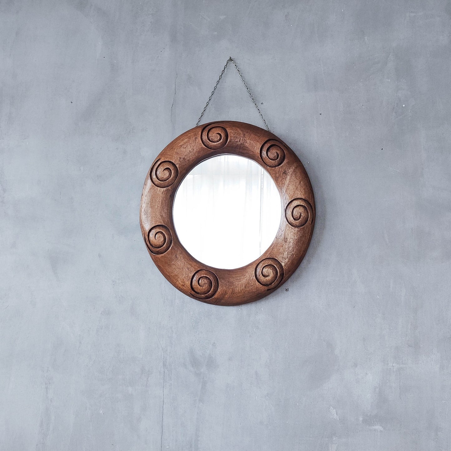 Vintage chunky solid hand carved hardwood wood spiral swirl sculptural round mirror