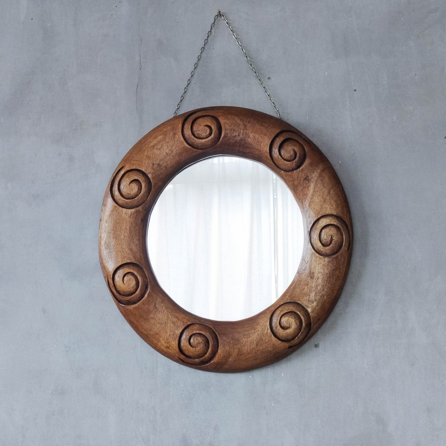 Vintage chunky solid hand carved hardwood wood spiral swirl sculptural round mirror