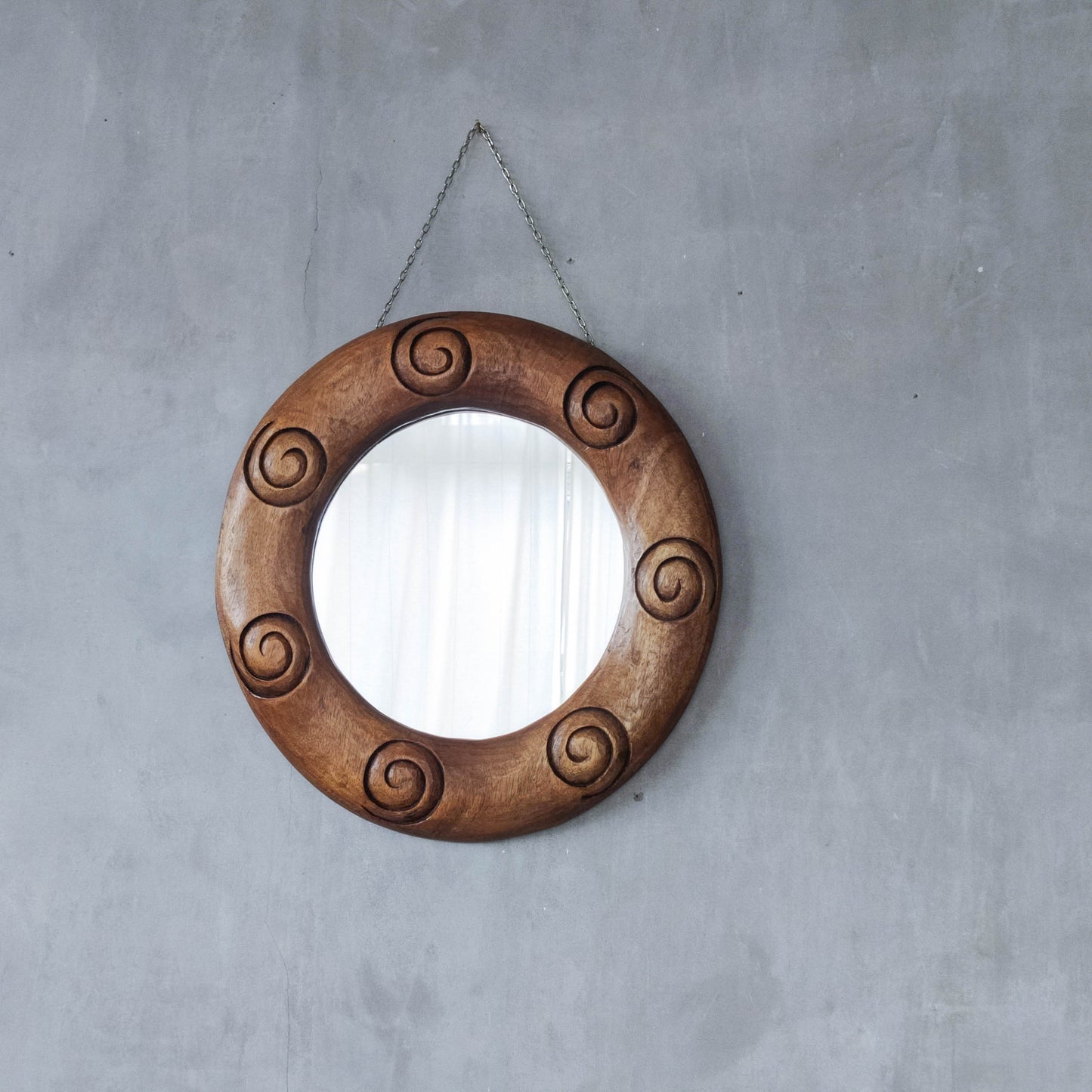 Vintage chunky solid hand carved hardwood wood spiral swirl sculptural round mirror