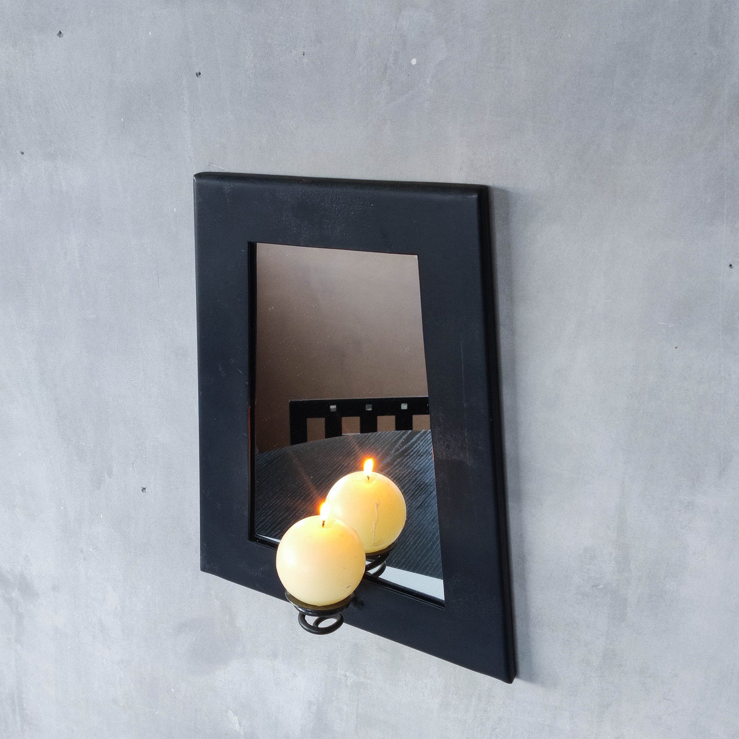 1990s handmade steel metalwork asymmetric mirror with candle sconce