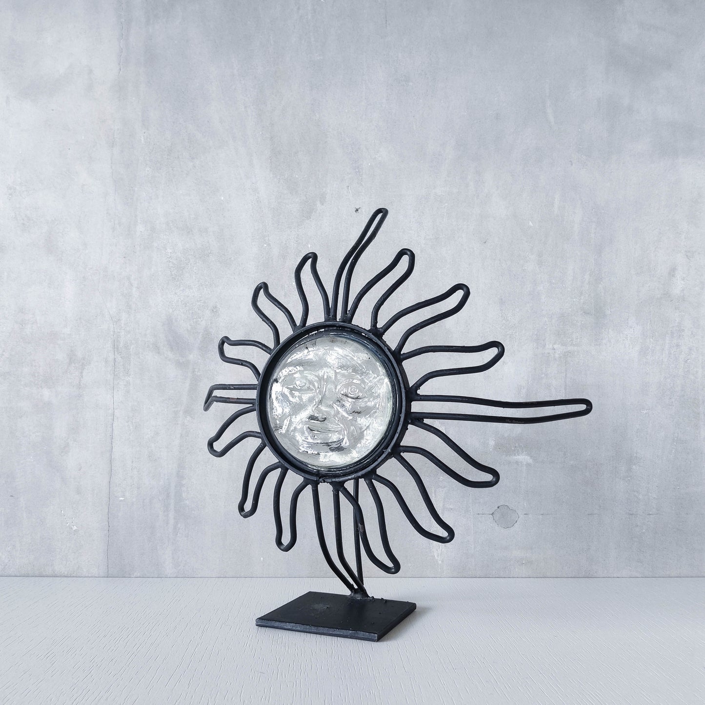 1990s celestial forged steel metal and cast glass sun face celestial candle holder