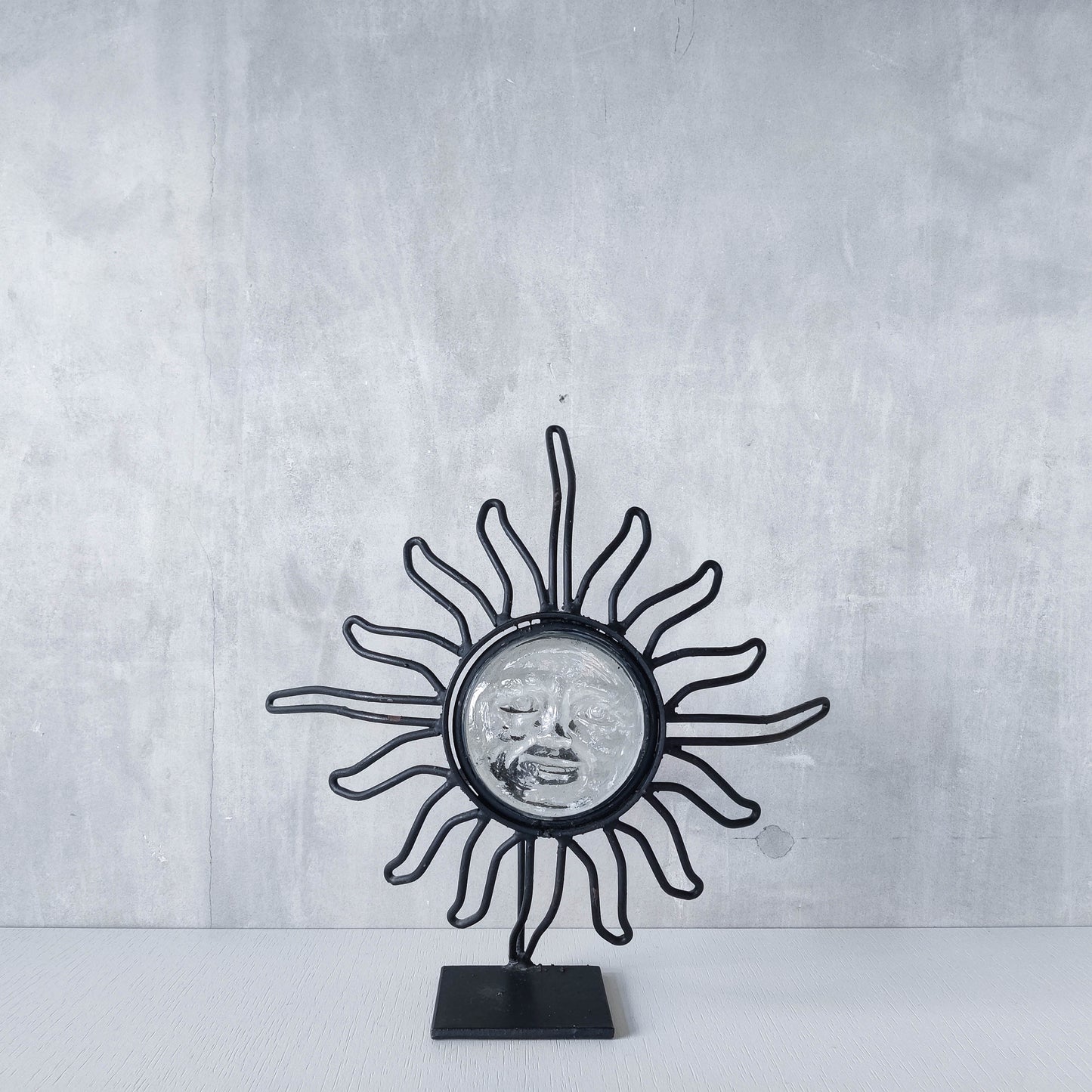 1990s celestial forged steel metal and cast glass sun face celestial candle holder