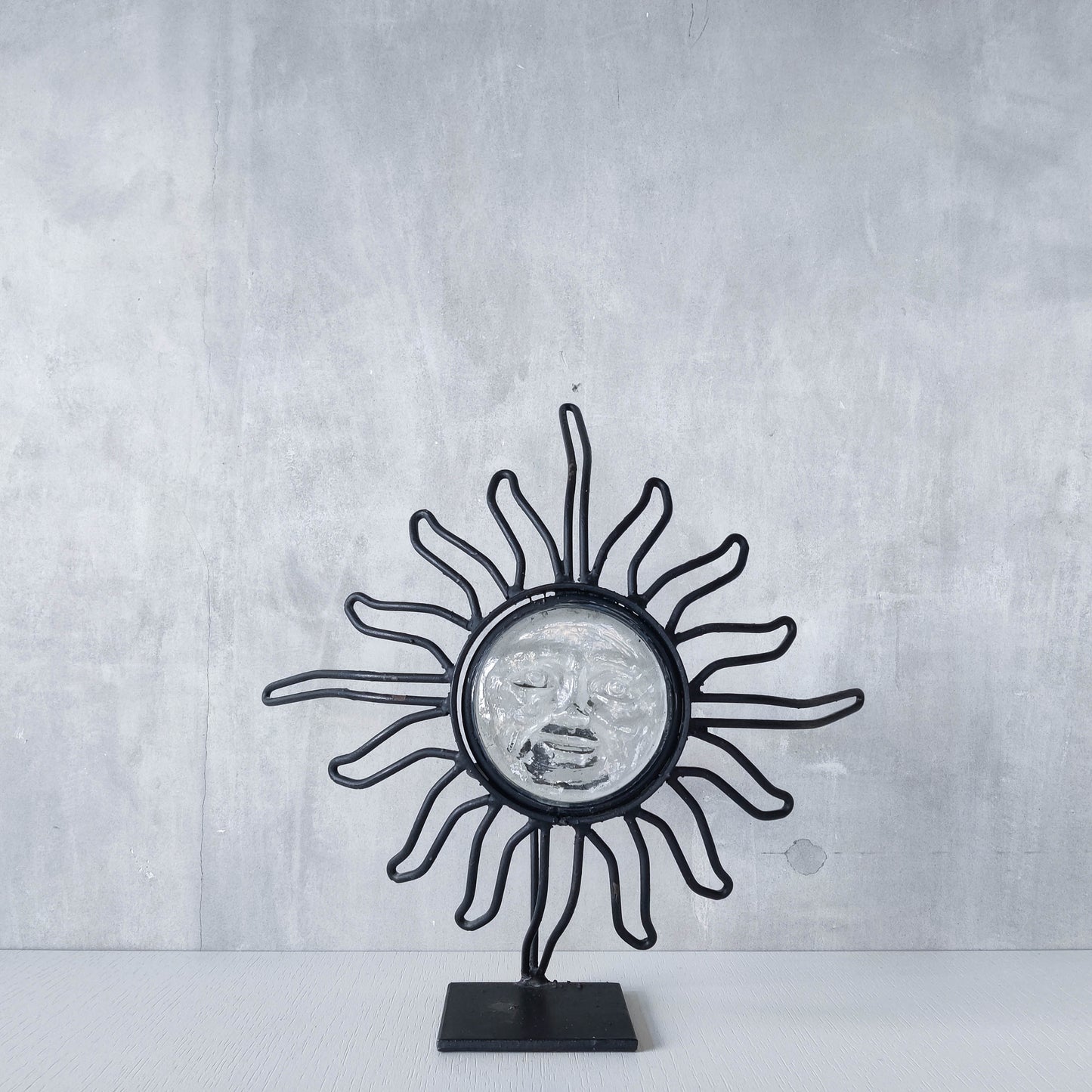 1990s celestial forged steel metal and cast glass sun face celestial candle holder