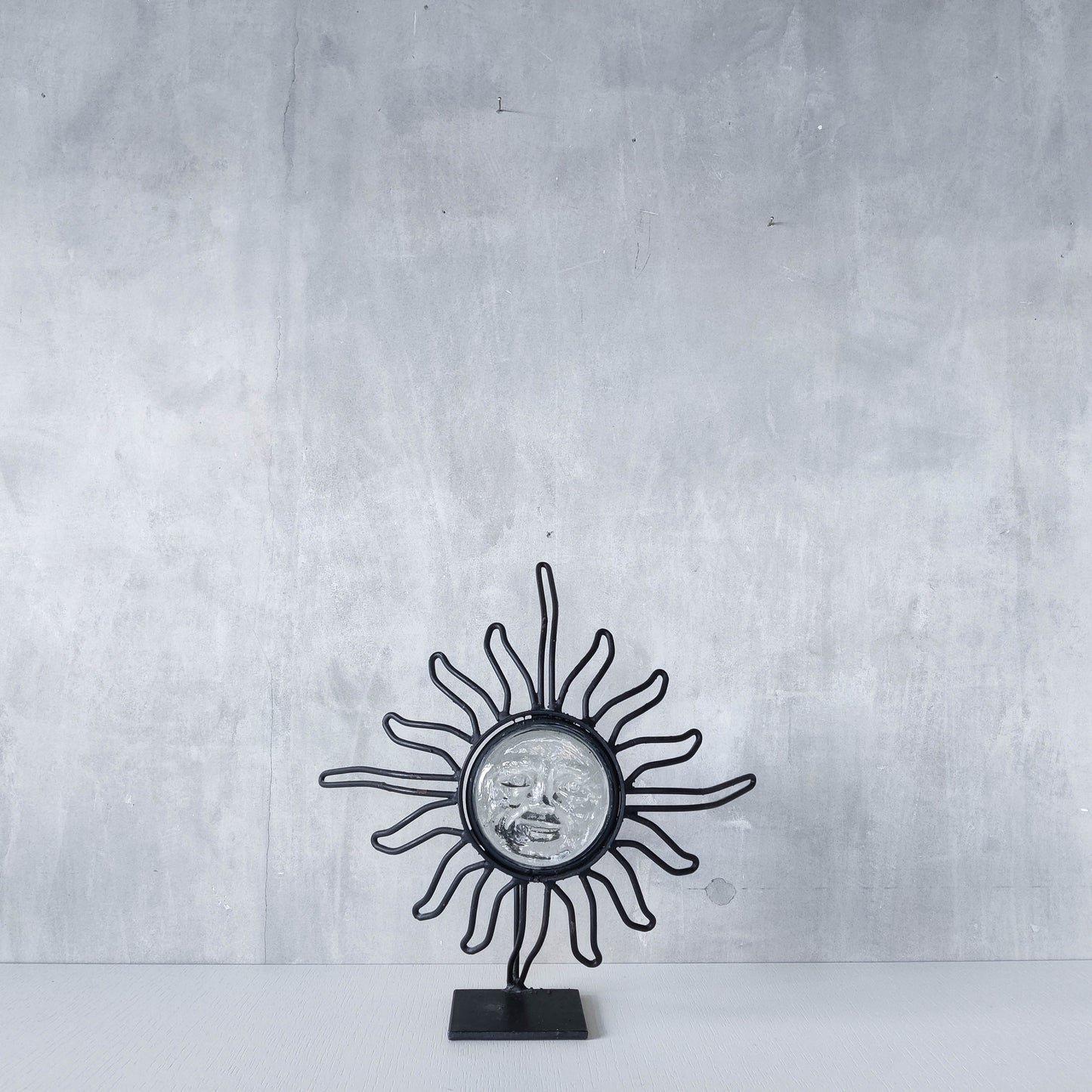 1990s celestial forged steel metal and cast glass sun face celestial candle holder
