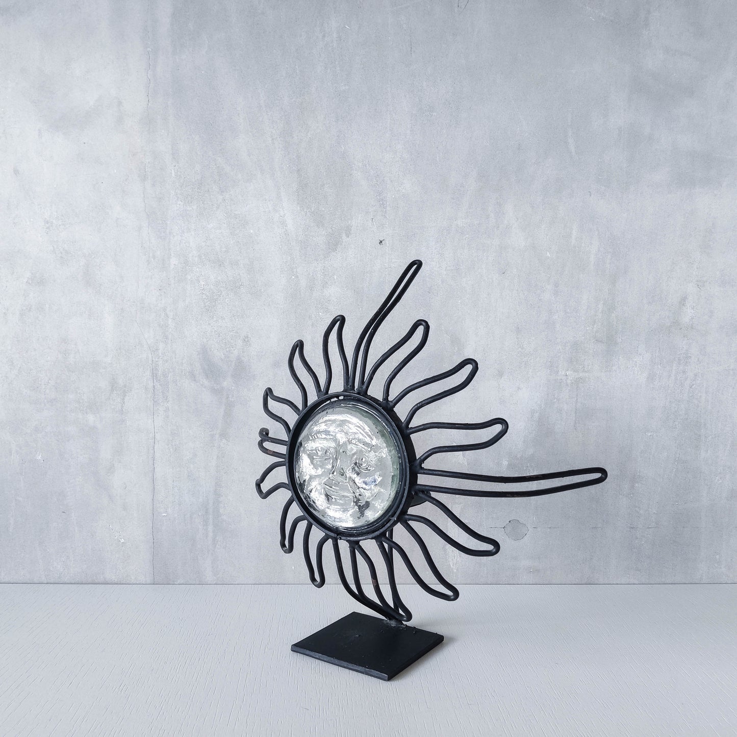 1990s celestial forged steel metal and cast glass sun face celestial candle holder