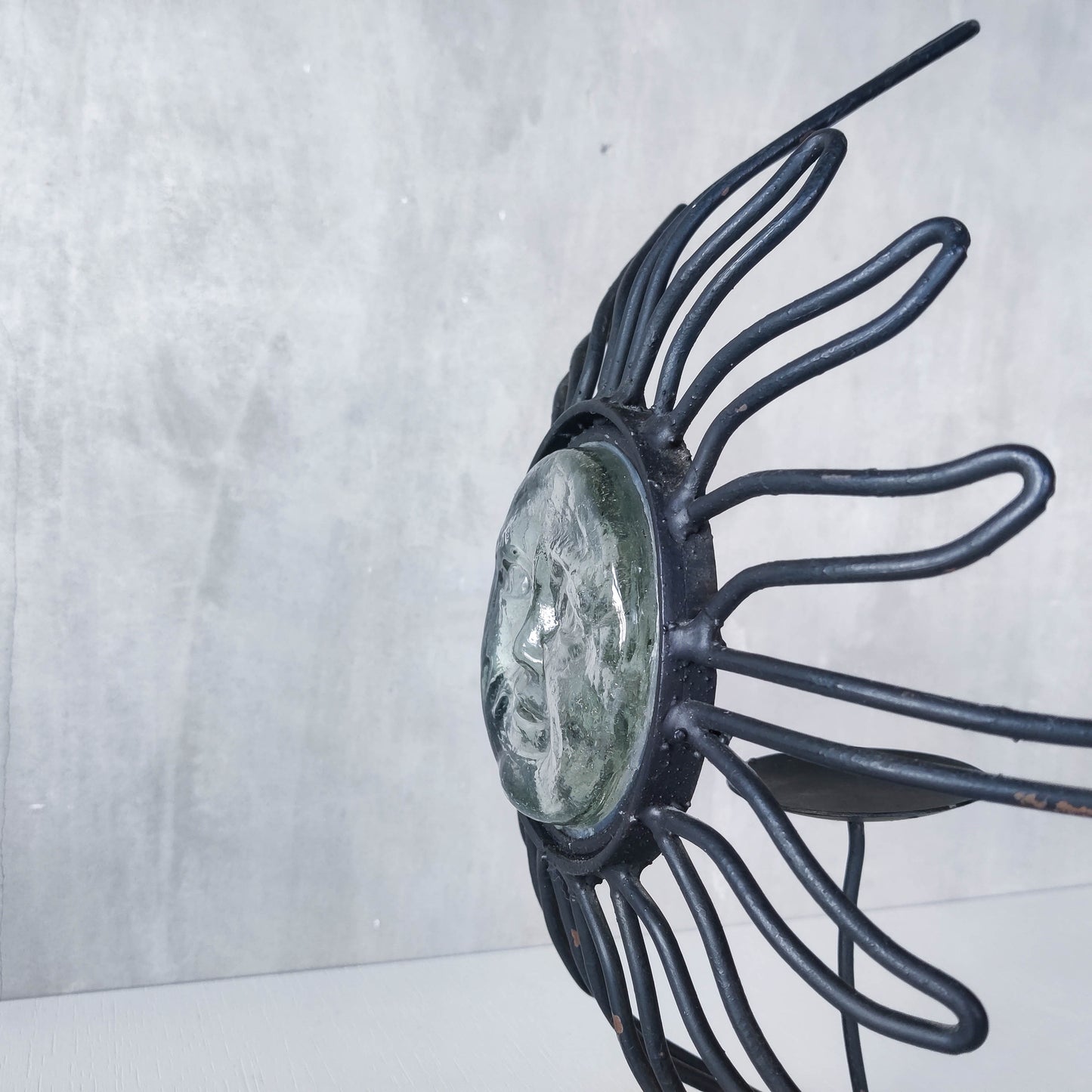 1990s celestial forged steel metal and cast glass sun face celestial candle holder