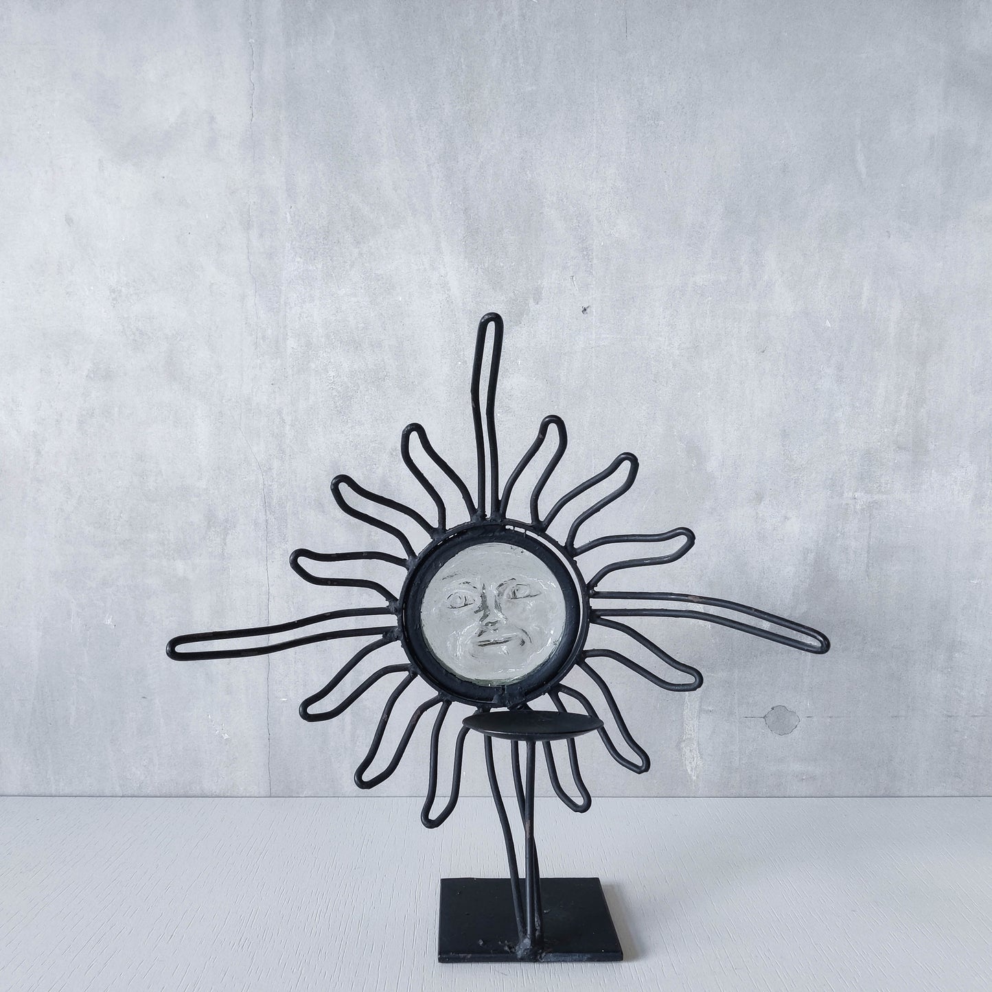 1990s celestial forged steel metal and cast glass sun face celestial candle holder