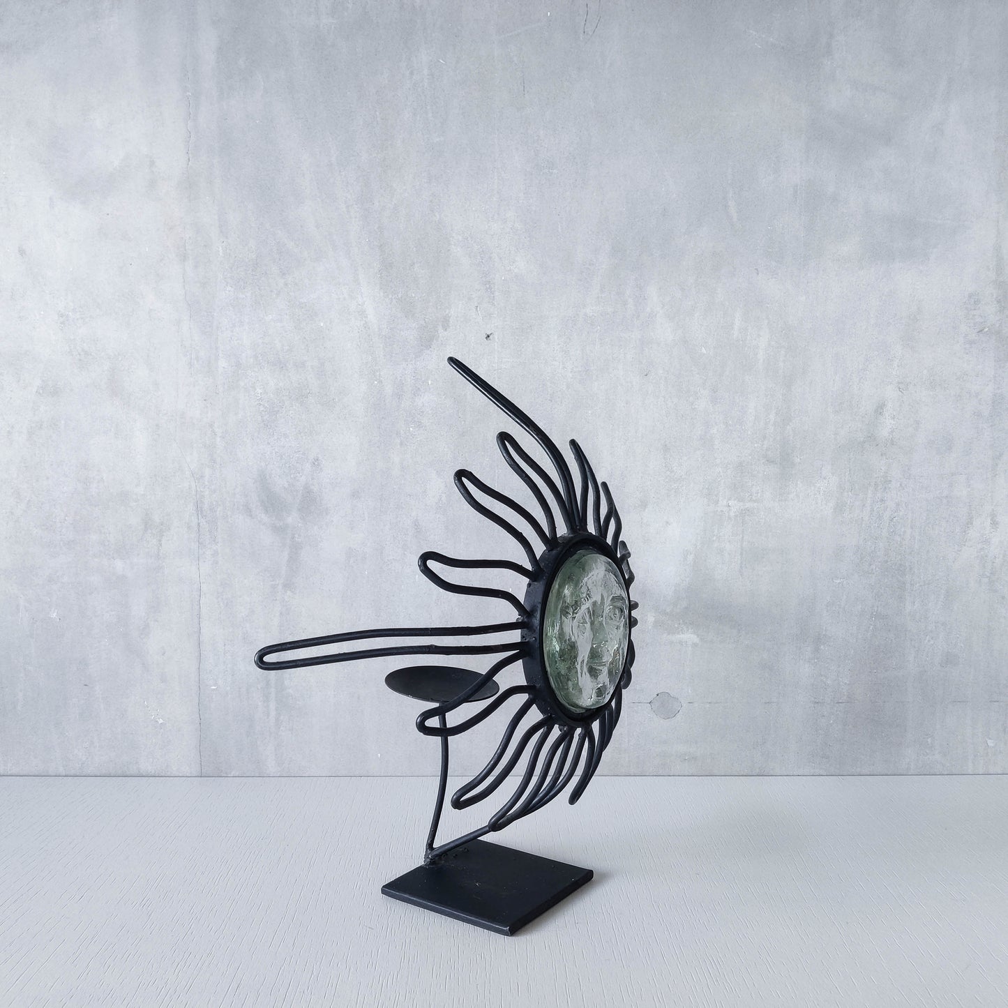 1990s celestial forged steel metal and cast glass sun face celestial candle holder