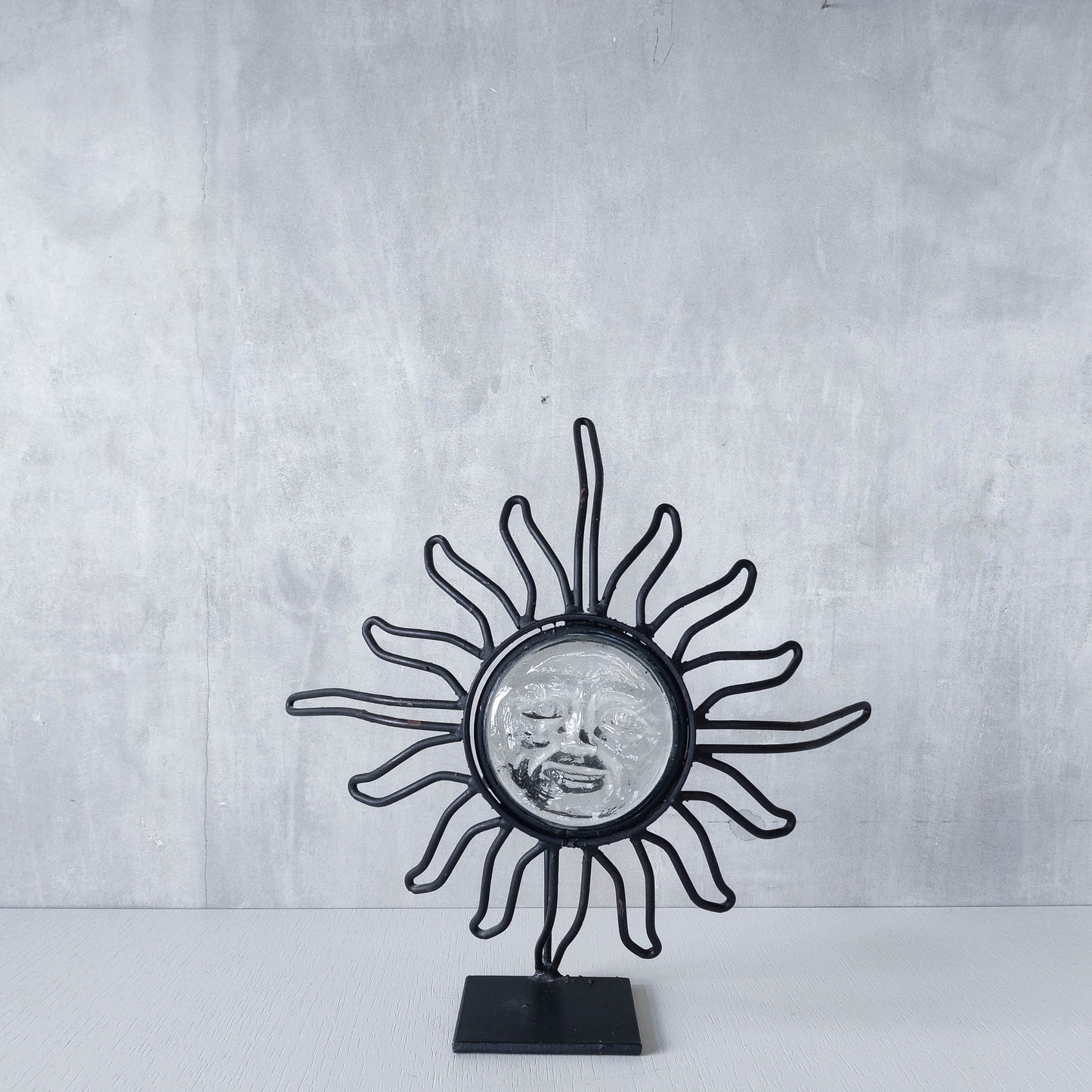 1990s celestial forged steel metal and cast glass sun face celestial candle holder