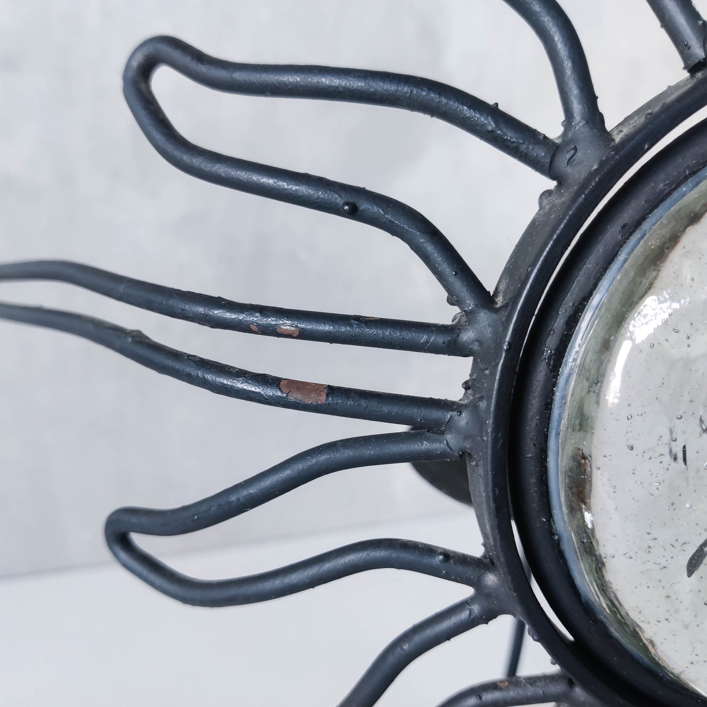 1990s celestial forged steel metal and cast glass sun face celestial candle holder