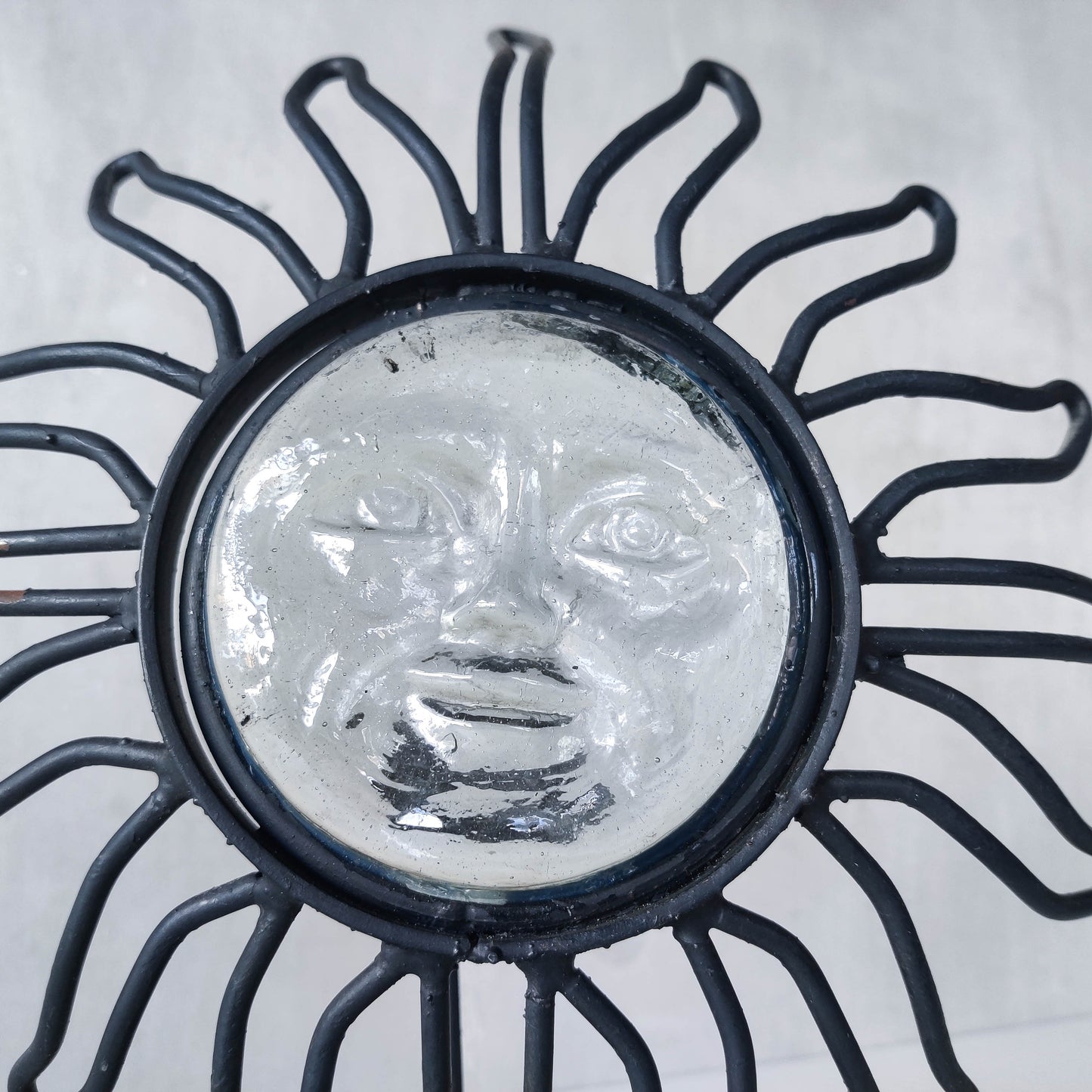 1990s celestial forged steel metal and cast glass sun face celestial candle holder
