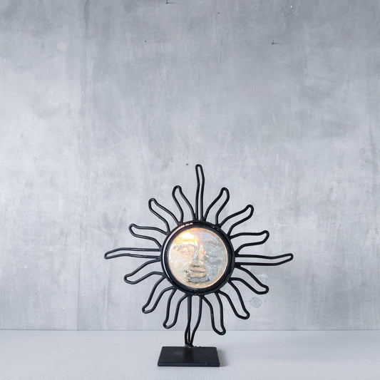 1990s celestial forged steel metal and cast glass sun face celestial candle holder