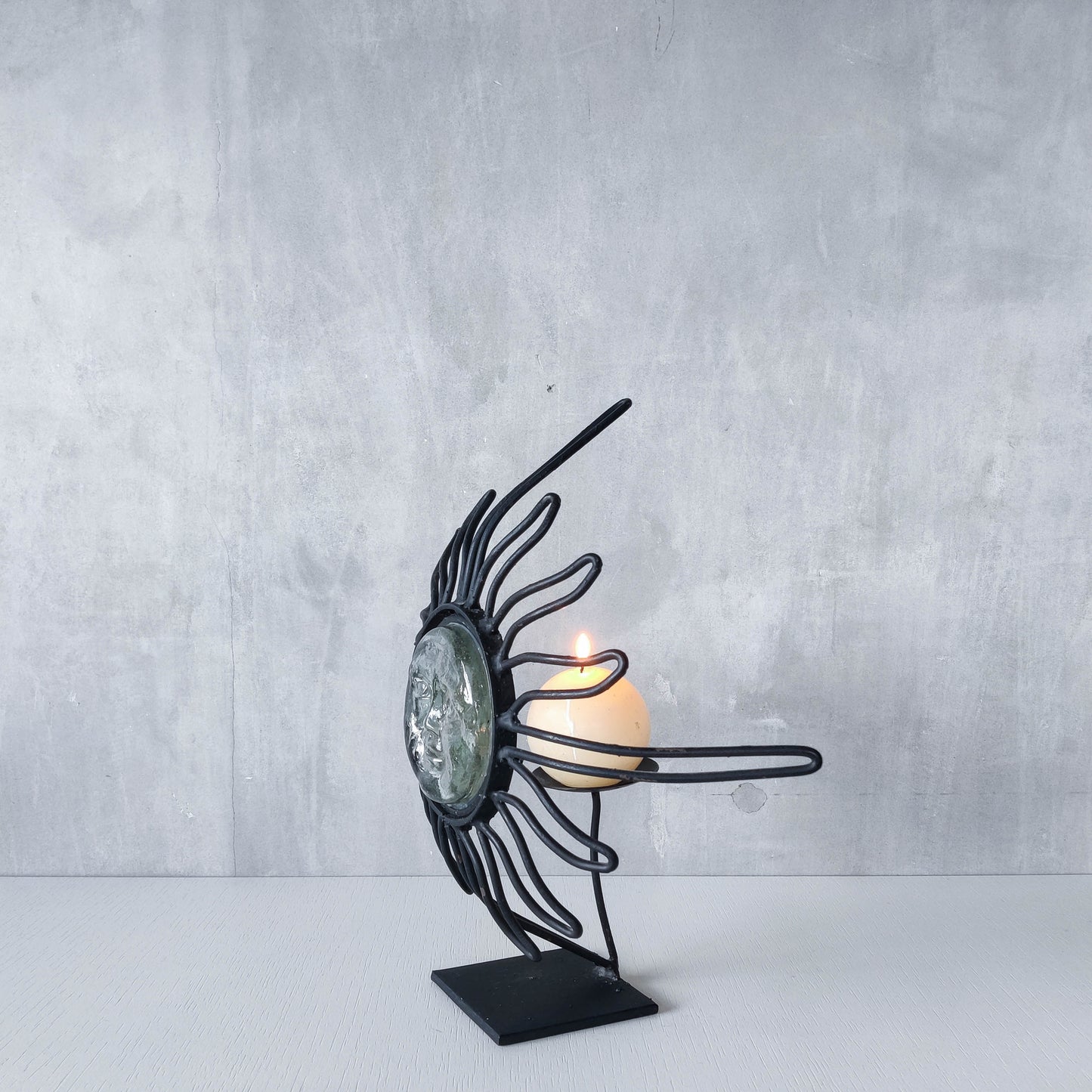 1990s celestial forged steel metal and cast glass sun face celestial candle holder