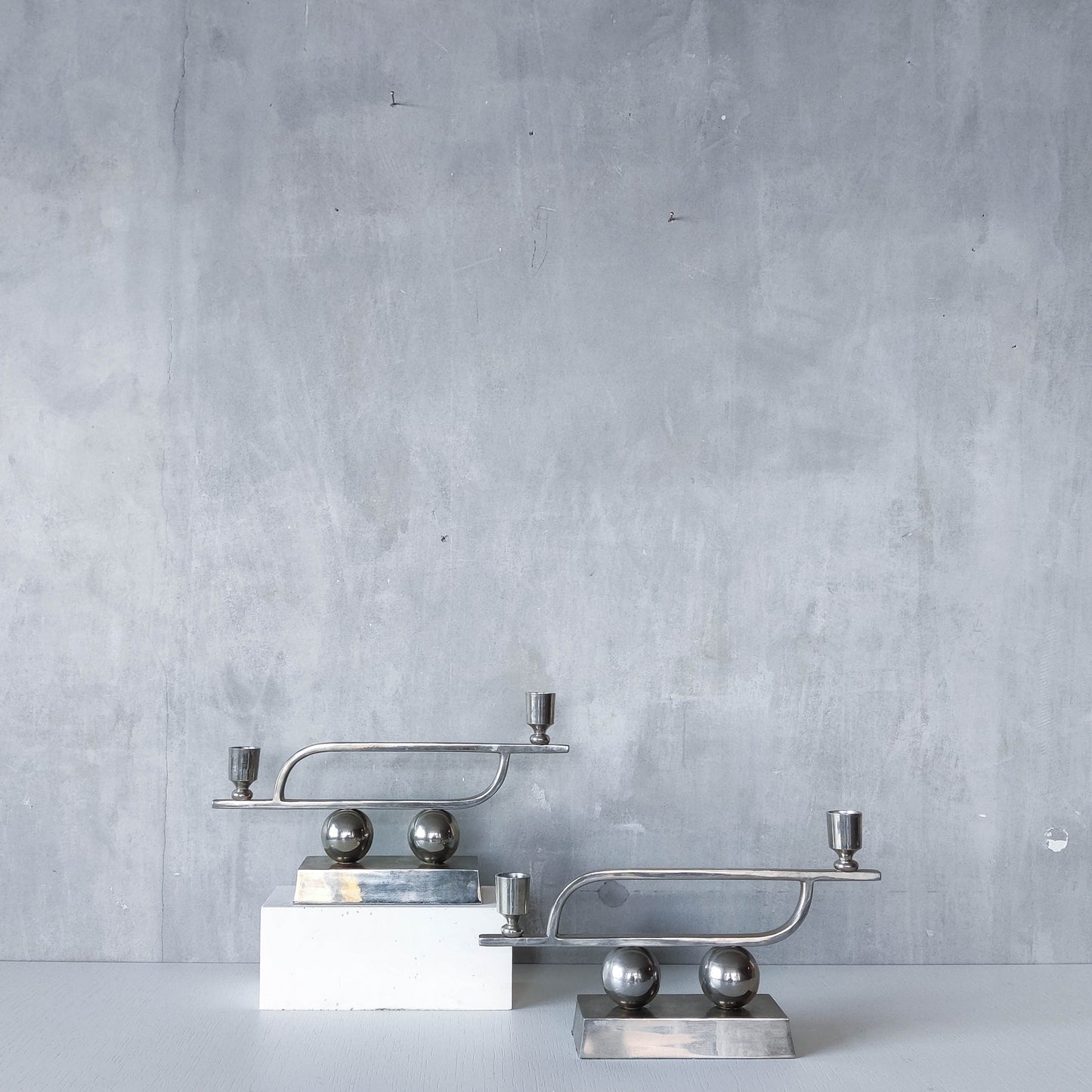 Pair of vintage Art Deco style chrome silver metal candelabras