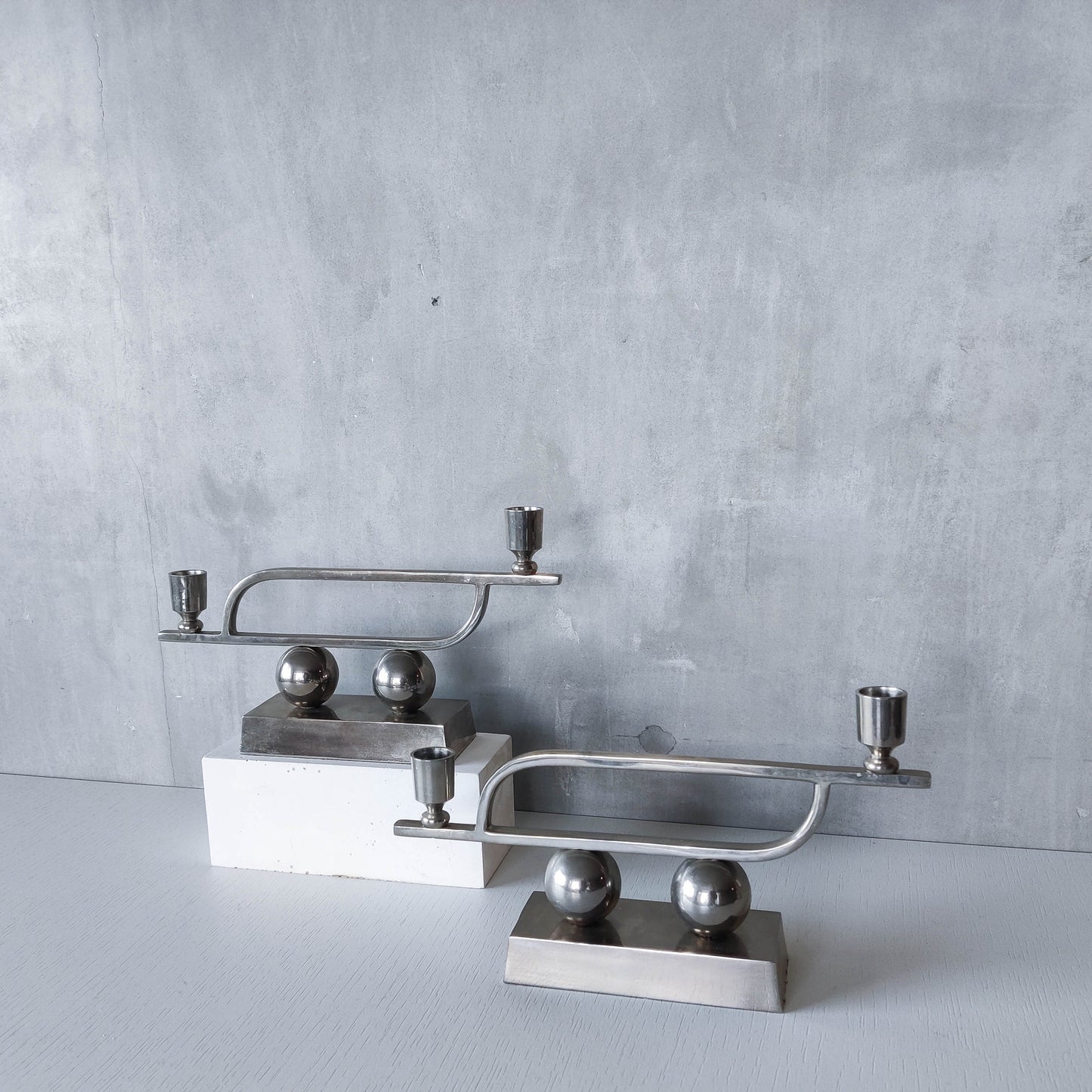 Pair of vintage Art Deco style chrome silver metal candelabras