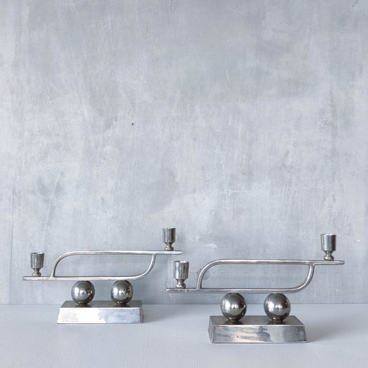Pair of vintage Art Deco style chrome silver metal candelabras
