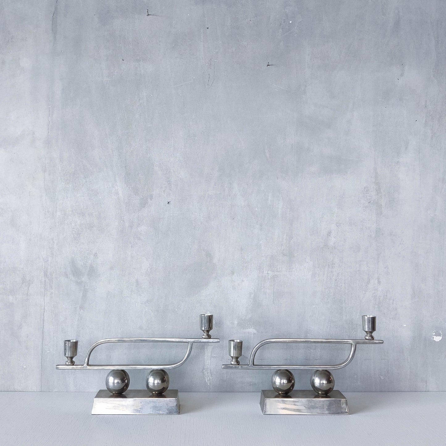 Pair of vintage Art Deco style chrome silver metal candelabras