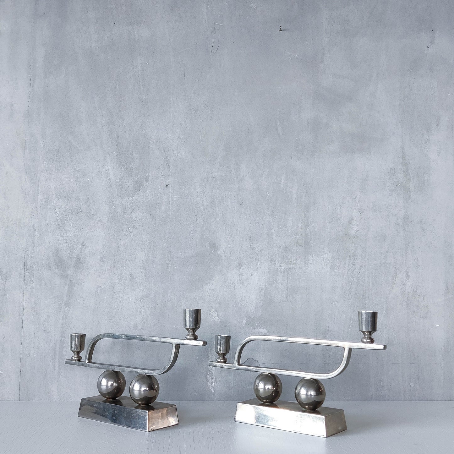 Pair of vintage Art Deco style chrome silver metal candelabras