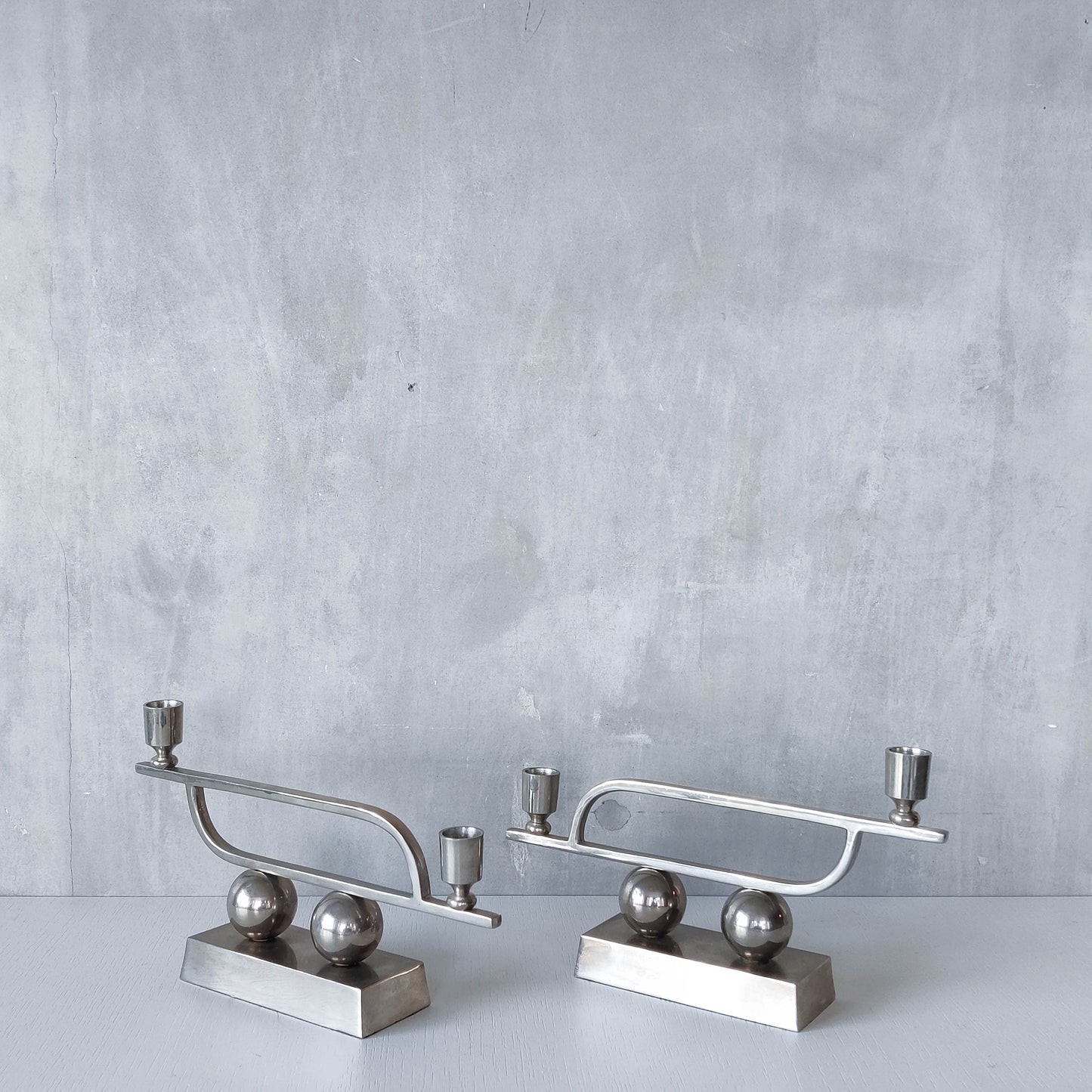 Pair of vintage Art Deco style chrome silver metal candelabras