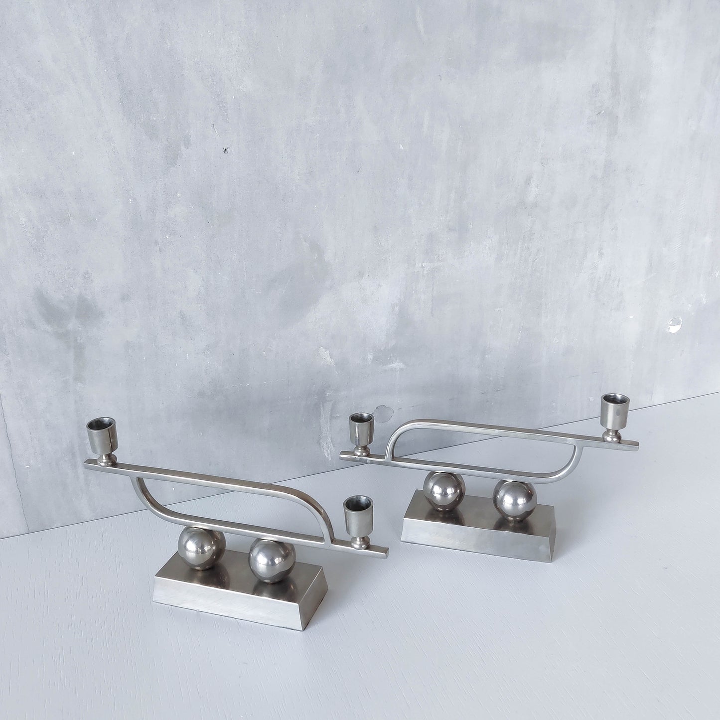 Pair of vintage Art Deco style chrome silver metal candelabras