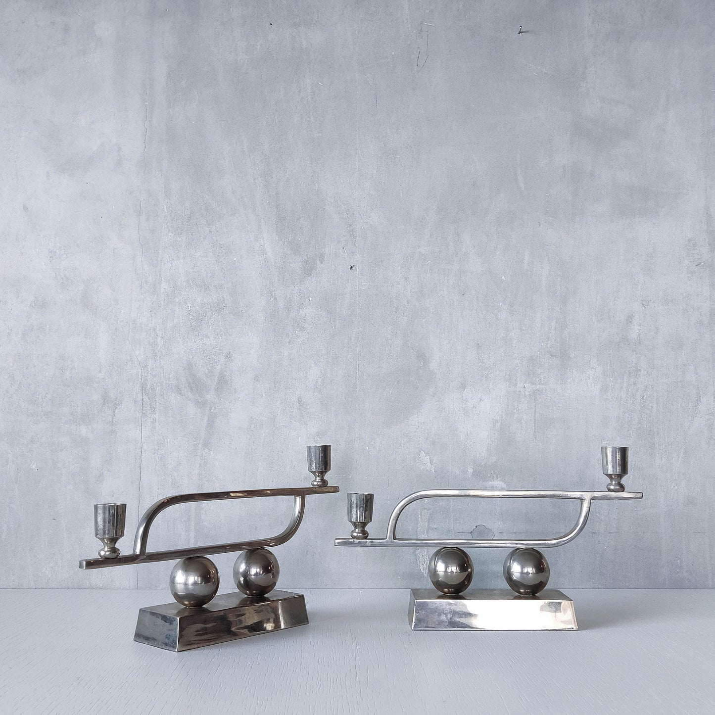 Pair of vintage Art Deco style chrome silver metal candelabras