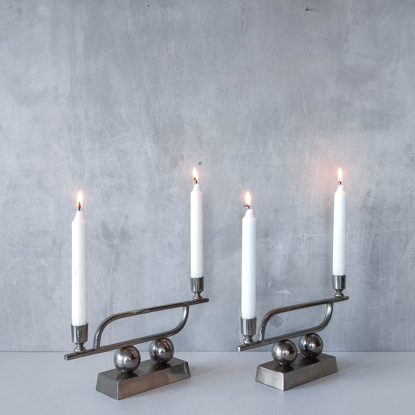 Pair of vintage Art Deco style chrome silver metal candelabras