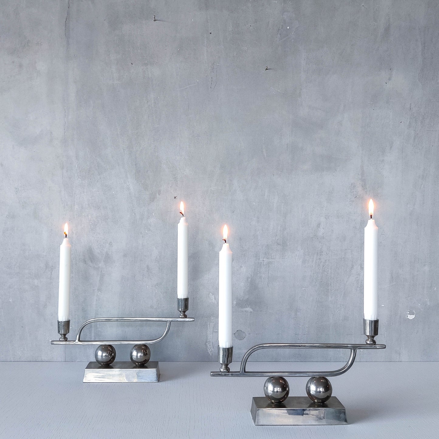 Pair of vintage Art Deco style chrome silver metal candelabras