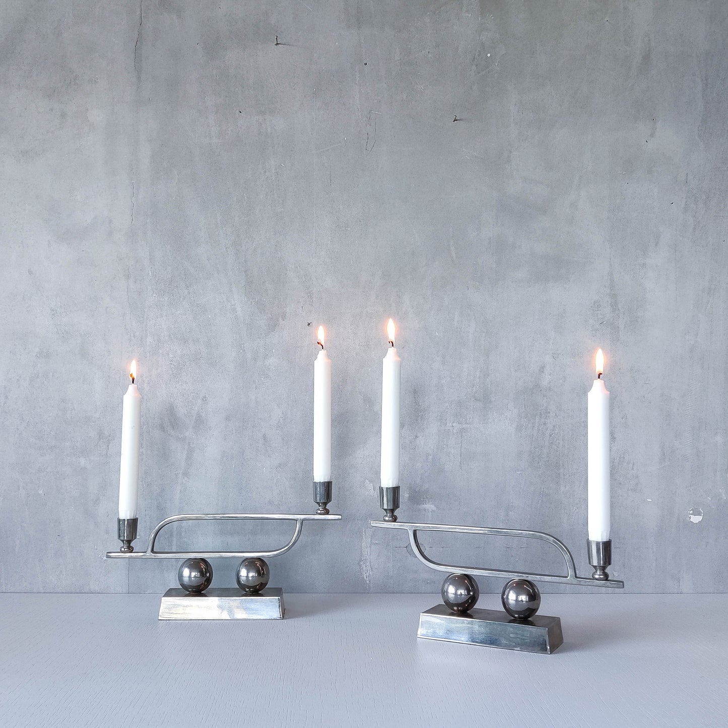 Pair of vintage Art Deco style chrome silver metal candelabras